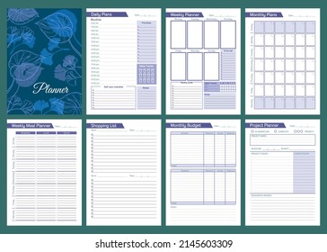 Printable vector planner pages templates in blue shades. Daily, weekly, monthly, project, budget and meal planners.