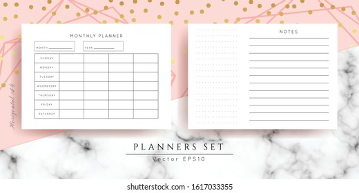 Printable vector planner.Modern business organizer template.Blank horizontal notebook pages set.Background design 
with gold, marble and rose geometric frame.Paper sheet size A4.Checklist,date,notes.