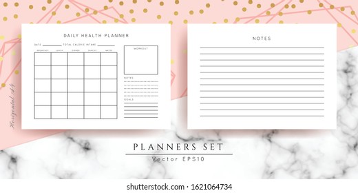 Printable vector planner.Modern business organizer template.Blank horizontal notebook pages set.Background design 
with gold, marble and rose geometric frame.Paper sheet size A4.Checklist,date,notes.