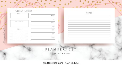 Printable vector planner.Modern business organizer template.Blank horizontal notebook pages set.Background design 
with gold, marble and rose geometric frame.Paper sheet size A4.Checklist,date,notes.