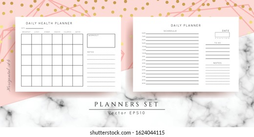 Printable vector planner.Modern business organizer template.Blank horizontal notebook pages set.Background design 
with gold, marble and rose geometric frame.Paper sheet size A4.Checklist,date,notes.