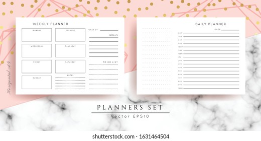 Printable vector planner.Modern business organizer template.Blank horizontal notebook pages set.Background design 
with gold, marble and rose geometric frame.Paper sheet size A4.Checklist,date,notes.