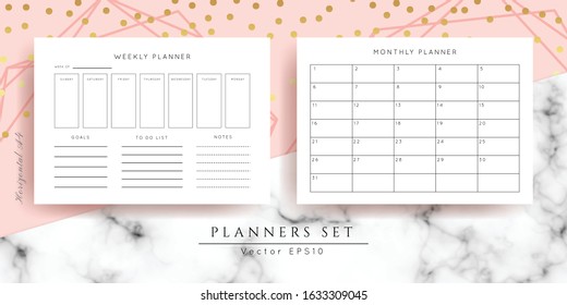 Printable vector planner.Modern business organizer template.Blank horizontal notebook pages set.Background design 
with gold, marble and rose geometric frame.Paper sheet size A4.Checklist,date,notes.