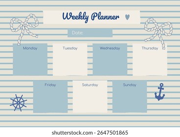 Printable vector weekly planner in nautical marine theme with cute bows, stripes, steering wheel, anchor. Template design