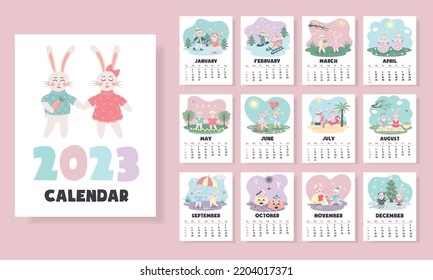 Printable vertical monthly design calendar for 2023 with cute couple of bunnies in love. The product includes 12 pages for each month of the year and cover. Week starts from Sunday.
