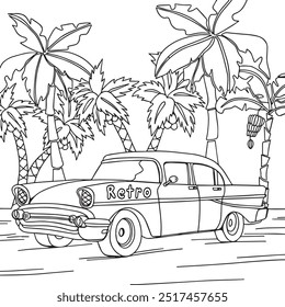 Printable vintage car classic car coloring page with black outline detailed classic car colouring sheet with black line art for adults Vintage car line drawing coloring page for kids and adults