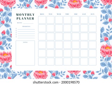 Printable vintage floral monthly planner vector template with rose, peony flowers and botanical leaf illustration elements for school scheduler, seasonal events, reminder, bullet journal