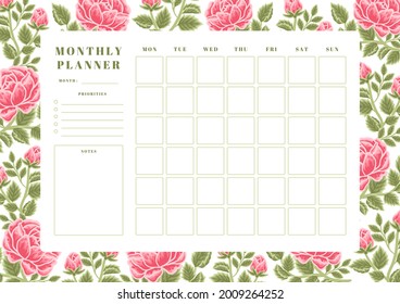 Printable vintage floral monthly planner vector template with rose, peony flowers and botanical leaf illustration elements for school scheduler, seasonal events, reminder, bullet journal