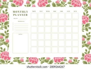 Printable vintage floral monthly planner vector template with rose, peony flowers and botanical leaf illustration elements for school scheduler, seasonal events, reminder, bullet journal