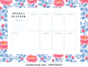 Printable vintage floral weekly planner vector template with rose, peony flowers and botanical leaf illustration elements for school scheduler, seasonal events, reminder, bullet journal