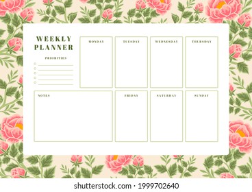 Printable vintage floral weekly planner vector template with rose, peony flowers and botanical leaf illustration elements for school scheduler, seasonal events, reminder, bullet journal