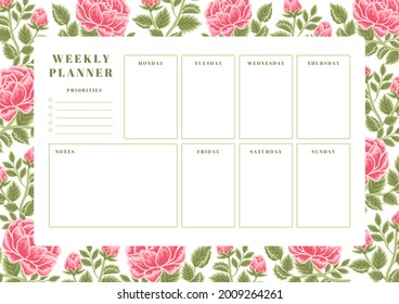 Printable vintage floral weekly planner vector template with rose, peony flowers and botanical leaf illustration elements for school scheduler, seasonal events, reminder, bullet journal