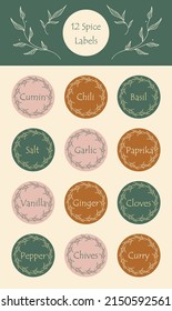 Printable vintage herb and spice labels. Labels, stickers, craft decals, floral frames, and spice names in English. For marking kitchen food containers with spices.