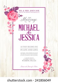 Printable vintage marriage invitation with flowers over wooden pattern. Vector illustration.