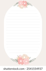Printable vintage note paper with floral decorations. Vector illustration A5 size note paper for journaling.