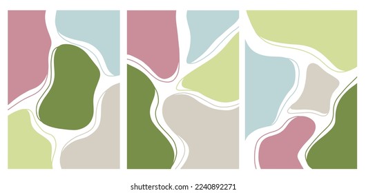 Afiche de arte en la pared con 3 imágenes con figuras abstractas. Ilustraciones vectoriales con paleta de primavera pastel azul, rosa, verde, amarillo con líneas. Moderna decoración de diseño, dormitorio