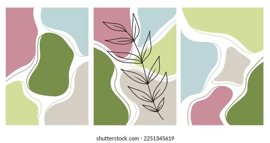 Printable wall art poster with 3 pictures with abstract shapes figures, branch with leaves. Vector illustrations with pastel spring palette blue, pink, green, yellow with lines. Modern trendy interior