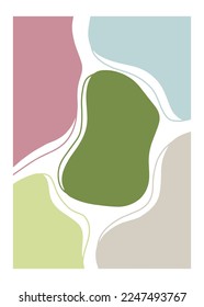 Printable wall art poster with abstract shapes figures. Vector illustrations with pastel spring palette blue, pink, green, yellow with lines. Modern trendy interior design, bedroom, energy, blooming