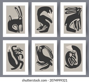 Printable wall art vector poster set. Hand drawn minimalism design for scandinavian interior.