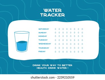 Printable water tracker for week or month. Water tracker balance vector calendar. Printable A4 template. 7 days of hydration challenge. Drinking enough water concept.