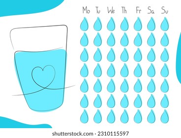 Printable water tracker for week or month. Water challenge. Layout in A4 size. Healthy lifestyle. Health care. 