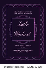 Printable Wedding Invitation Card Template Design with Venue Details in Purple Color.