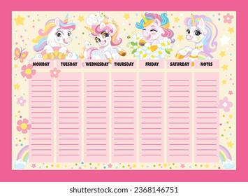 Printable weekly calendar planner with cute rainbow unicorns. Vector illustration, planner design concept for timetable schedule, diary, daily planner. Printable organizer sheets. Vector illustration.