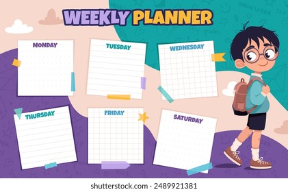 Printable weekly or daily planner, school timetable with cute schoolboy in school uniform and backpack. Vector cartoon illustration