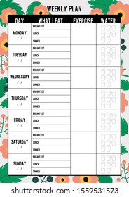 Printable weekly diet planner exercise tracking on flower pattern background