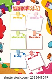 A printable weekly lesson plan with a colourful art theme