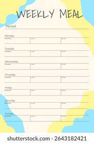 Planejador de refeições semanal imprimível com café da manhã, almoço e seções de jantar. Layout pastel limpo, tamanho A4, perfeito para organizar refeições e alimentação saudável.