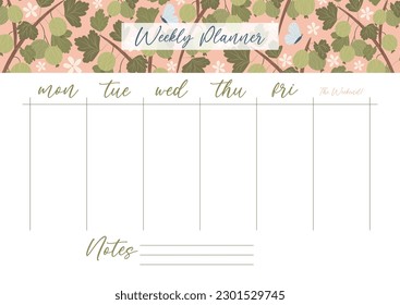 Printable weekly planner concept with green gooseberry plant illustration, vector