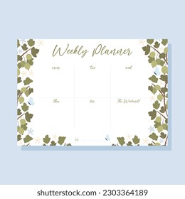 Concepto de planificación semanal imprimible con ilustración de planta de arándano verde, vector