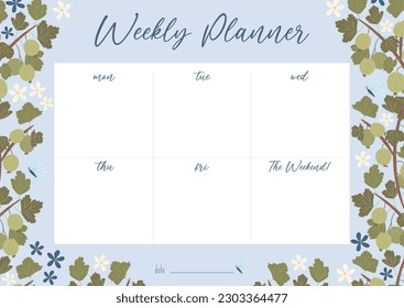 Printable weekly planner concept with green gooseberry plant illustration, vector