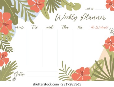 Printable weekly planner concept, with tropical exotic background. Vector illustration 