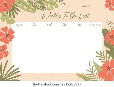 Printable weekly planner concept, with tropical exotic background. Vector illustration 