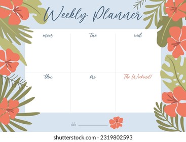 Printable weekly planner concept, with tropical exotic background. Vector illustration 
