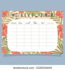 Printable weekly planner concept, with tropical exotic background. Vector illustration 