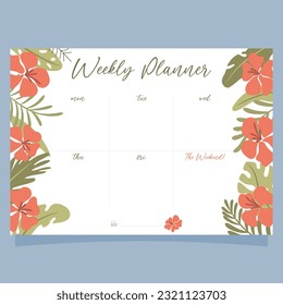 Printable weekly planner concept, with tropical exotic background. Vector illustration 