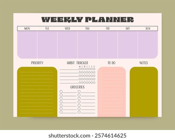 Printable weekly planner. Customizable template for time management. Vector.