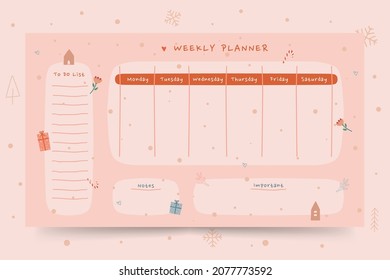 Printable weekly planner with cute illustration pink gifts holiday theme graphic for journaling, sticker, and scrapbook.
