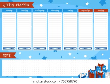 Printable weekly planner. Cute page for notes. Notebooks,decals, diary, school accessories. Cute gift boxes, presents for Christmas holidays