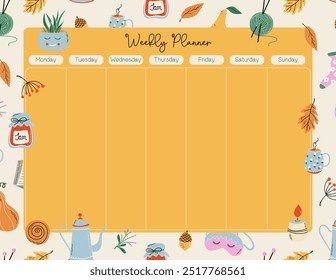 Planejador semanal imprimível decorado com elementos caseiros acolhedores. Calendário bonito para o planejamento diário. Artigos de papelaria modernos. Ilustração de vetor de design plano. 