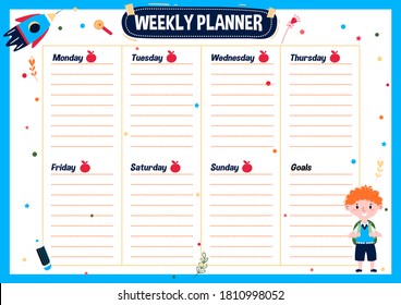 Printable Weekly Planner for kids. School timetable for student. Daily Schedule for classes and program after school.  Education Planning list. Cute template lesson for week.  
