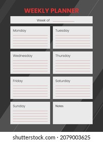 Printable Weekly planner, organizer. Hand-drawn notes, to do list. Time management planning sheets for a week. Pre-made stationery organizers. Dark modern background. Diary