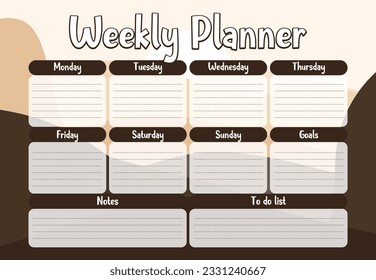 Printable weekly planner organizer template with mountain landscape background. Weekly Planner, Schedule, Agenda, Weekly Overview, Tasks, Weekly Organizer. Business organizer page vector illustration