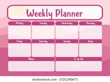 Printable weekly planner organizer template with mountain landscape background. Weekly Planner, Schedule, Agenda, Weekly Overview, Tasks, Weekly Organizer. Business organizer page vector illustration