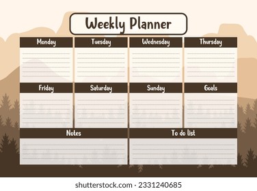 Printable weekly planner organizer template with mountain landscape background. Weekly Planner, Schedule, Agenda, Weekly Overview, Tasks, Weekly Organizer. Business organizer page vector illustration