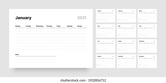 Printable weekly planner template. Business organizer page for effective planning. Twelve months for 2021. Week starts on Monday.