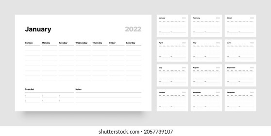 Printable weekly planner template. Business organizer page for effective planning. Twelve months for 2022. Week starts on Sunday.